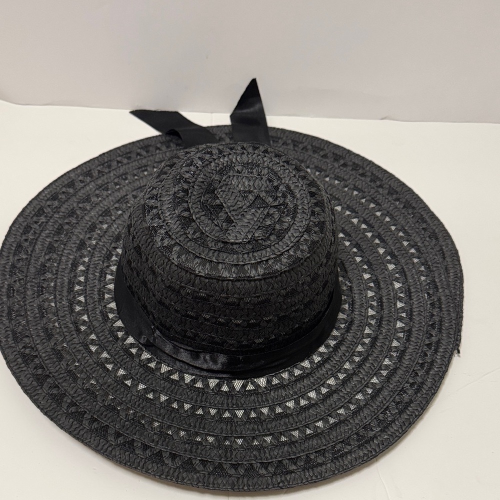 Black Straw Sun Hat with Ribbon Trim